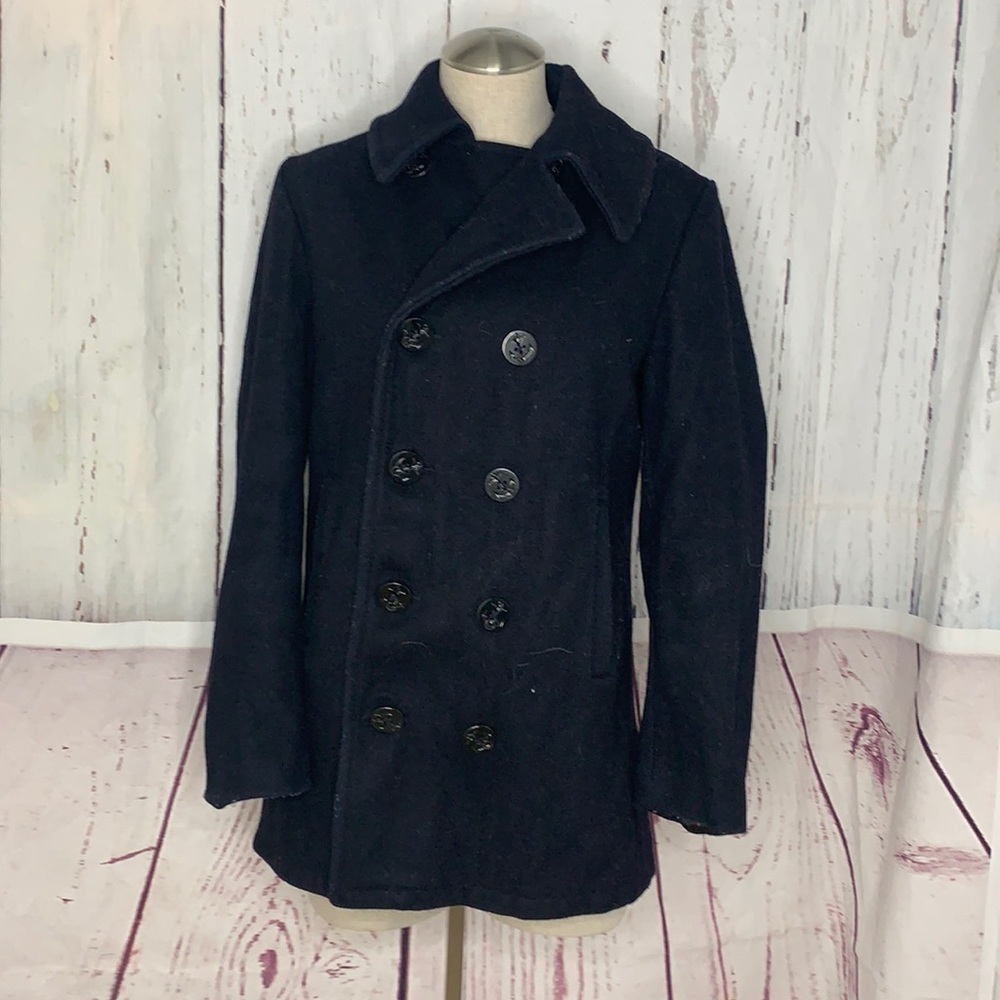 Vintage FOX KNAPP US Navy Sailor Pea Coat Thick Wool Size 34 Black/Blue